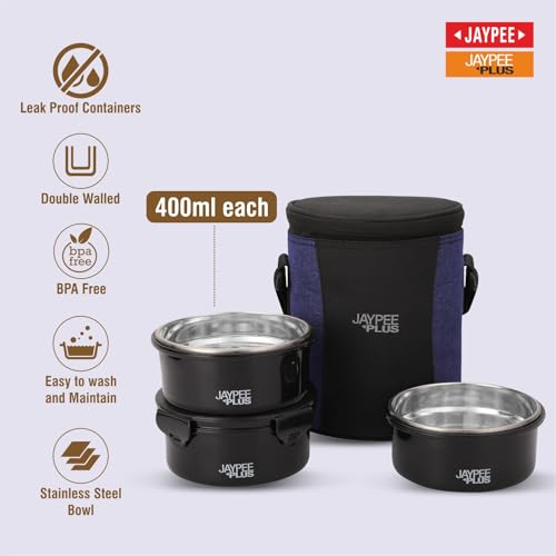 Jaypee Plus Microplus 400 ml Each Stainless Steel Office Lunch Box | BPA Free, Microwave Safe & Spillproof Airtight 3 Containers | Including Insulated Bag | Ideal for College & School (Black) - Image 2