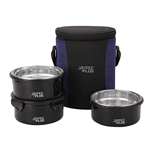 Jaypee Plus Microplus 400 ml Each Stainless Steel Office Lunch Box | BPA Free, Microwave Safe & Spillproof Airtight 3 Containers | Including Insulated Bag | Ideal for College & School (Black) - Image 1