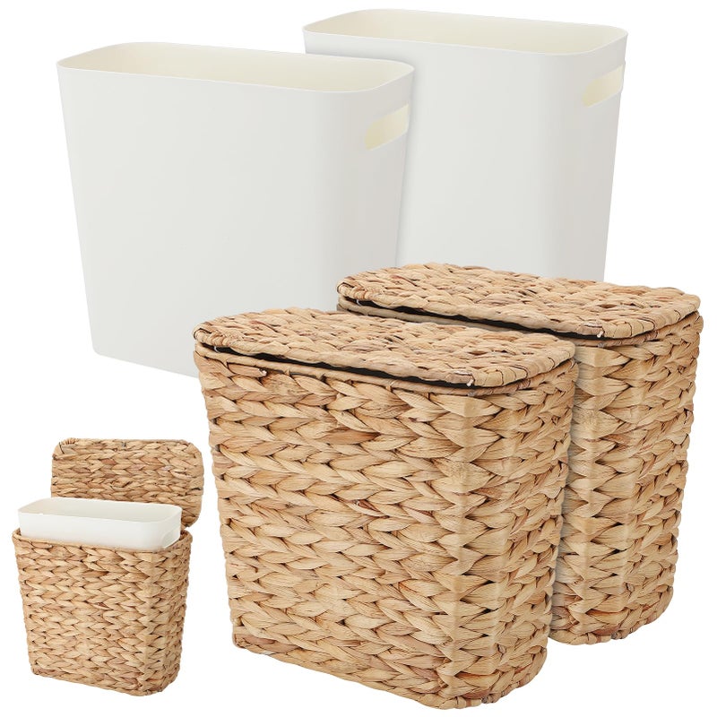 Ovveroche 2 Pcs Wicker Trash Can Woven Waste Can with Lid and Liner, Boho Handwoven Wicker Waste Basket for Bedroom Farmhouse Home Office Kitchen - Image 1