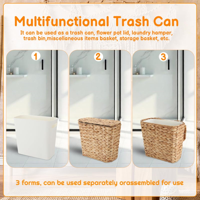 Ovveroche 2 Pcs Wicker Trash Can Woven Waste Can with Lid and Liner, Boho Handwoven Wicker Waste Basket for Bedroom Farmhouse Home Office Kitchen - Image 4
