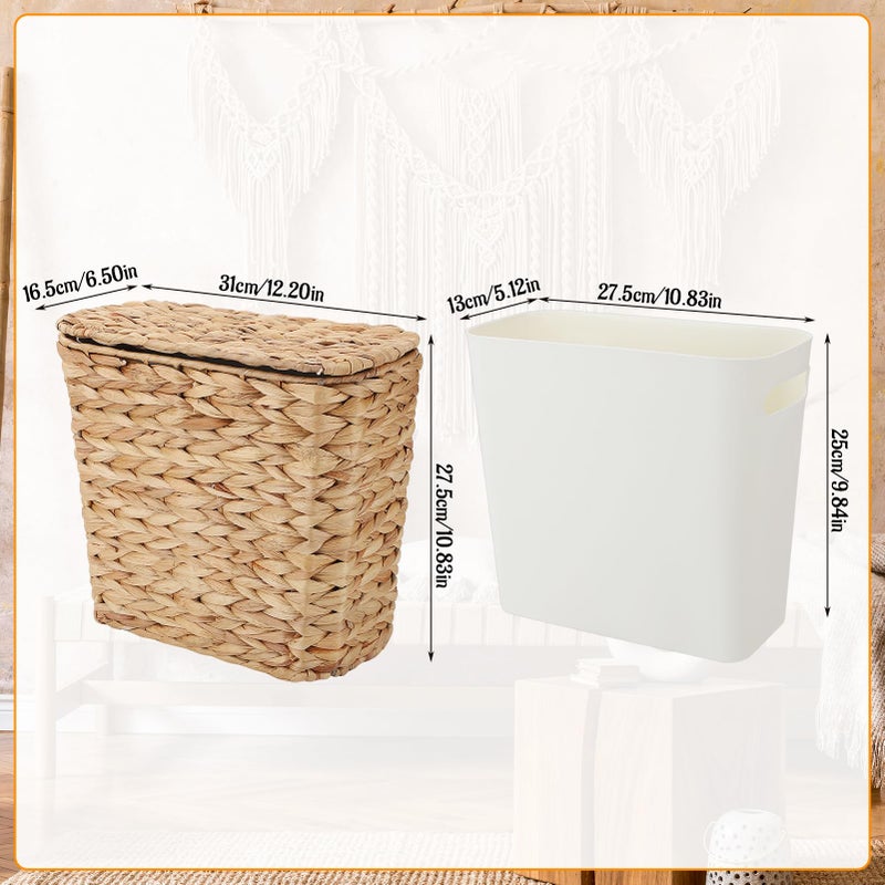 Ovveroche 2 Pcs Wicker Trash Can Woven Waste Can with Lid and Liner, Boho Handwoven Wicker Waste Basket for Bedroom Farmhouse Home Office Kitchen - Image 2