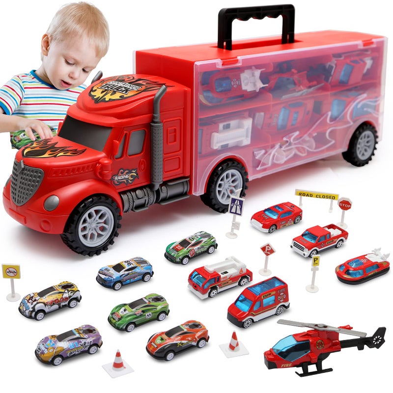 JODUDLR Toddler Toys for 34 Year Old BoysLarge Transport Cars Carrier Set Truck Toys with 12in1 Vehicles Truck Toys CarsIdeal Christmas Easter Gifts Toys for Kids Age 37Red - Image 2