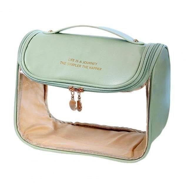 IQS Enterprise Transparent Cosmetic Bag Large Capacity Cosmetic Travel Bag Cosmetic Pouch for Women Makeup Travel Bag Portable Leather Cosmetics Bag Makeup Storage Bags with Handle and Divider - Image 1
