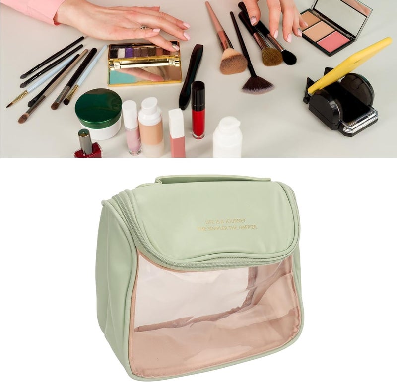 IQS Enterprise Transparent Cosmetic Bag Large Capacity Cosmetic Travel Bag Cosmetic Pouch for Women Makeup Travel Bag Portable Leather Cosmetics Bag Makeup Storage Bags with Handle and Divider - Image 3
