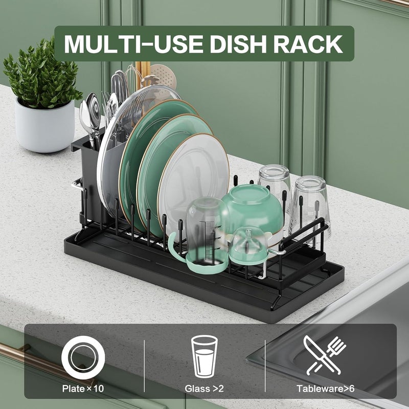 Aufworld Dish Drying Rack - Expandable Small Sink Dish Rack with Silicone Drying Tray, Over Sink Dish Drainer for Kitchen Counter with Utensil Holder, Drain Rack Fit for 14’’-19’’ Kitchen Sink - Image 2