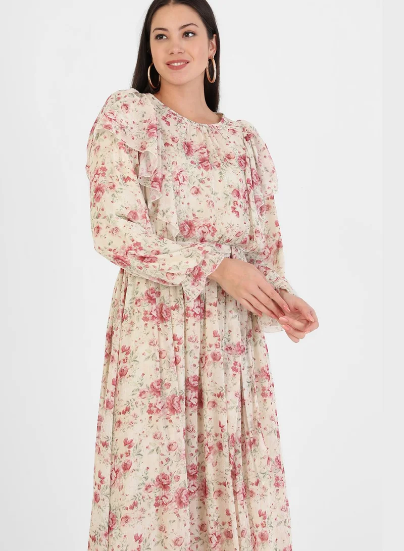Refka by modanisa Ruffle Detail Floral Print Dress