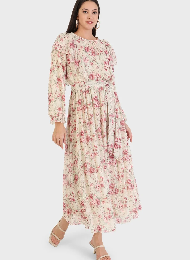 Refka by modanisa Ruffle Detail Floral Print Dress