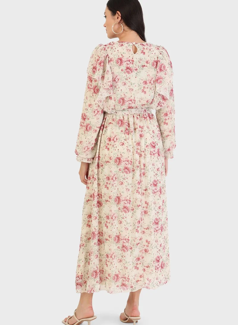 Refka by modanisa Ruffle Detail Floral Print Dress