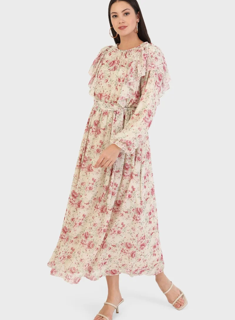 Refka by modanisa Ruffle Detail Floral Print Dress