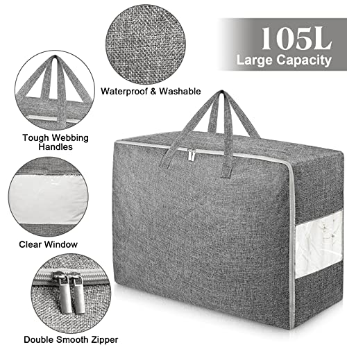 Besslly 105L Extra Large Storage Bags, Folding Moving Comforter Blanket Storage Bags Closet Organizers and Storage Containers for Clothes with Strong Handles&Zippers Clear Window for Bedding Pillow, Grey - Image 3