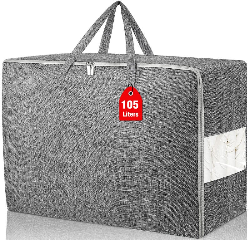 Besslly 105L Extra Large Storage Bags, Folding Moving Comforter Blanket Storage Bags Closet Organizers and Storage Containers for Clothes with Strong Handles&Zippers Clear Window for Bedding Pillow, Grey - Image 1