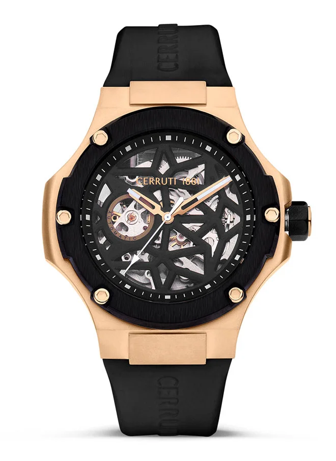 شيروتي 1881 Lucardo Men's 44mm Automatic Watch with Ion-plated Black Skeleton Dial & Silicone Strap