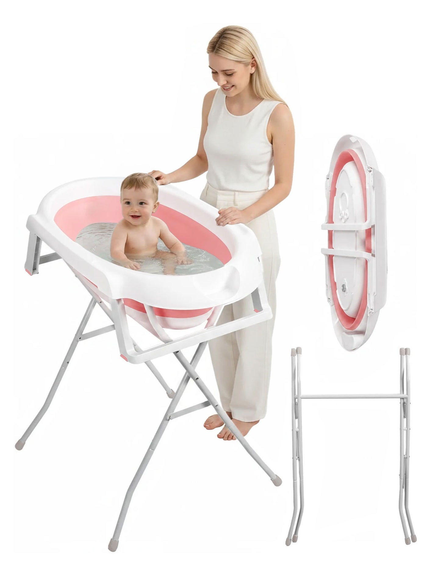 WALALLA Foldable Baby Bathtub with Fixed Height Stand, Collapsible Infant Bath Tub Set with Drain Hose and Storage Shelf, PP TPE Baby Bath Basin for Newborns, Toddlers and Kids 0-6 Years, Space Saving