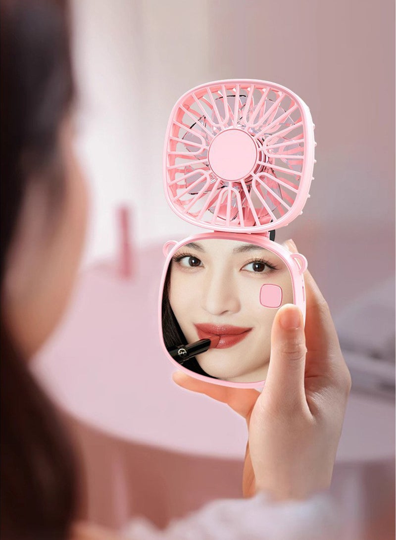Portable 2-in-1 Foldable Handheld Fan with Mirror - Pink USB-Rechargeable Neck Strap Companion for Touch-Ups, Desktop Use & On-the-Go Cooling - Image 1