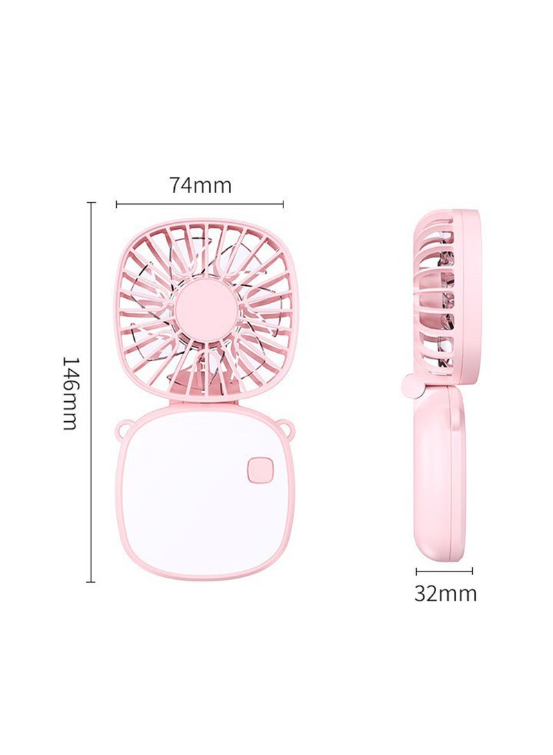 Portable 2-in-1 Foldable Handheld Fan with Mirror - Pink USB-Rechargeable Neck Strap Companion for Touch-Ups, Desktop Use & On-the-Go Cooling - Image 2