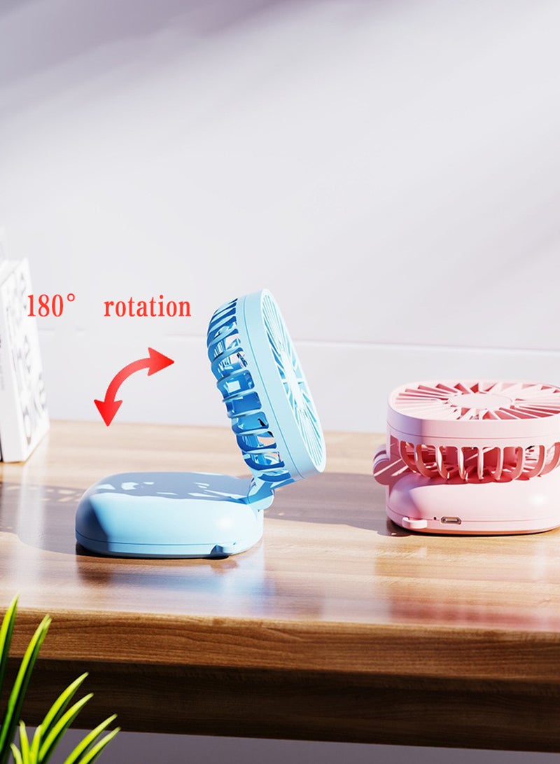 Portable 2-in-1 Foldable Handheld Fan with Mirror - Pink USB-Rechargeable Neck Strap Companion for Touch-Ups, Desktop Use & On-the-Go Cooling - Image 3