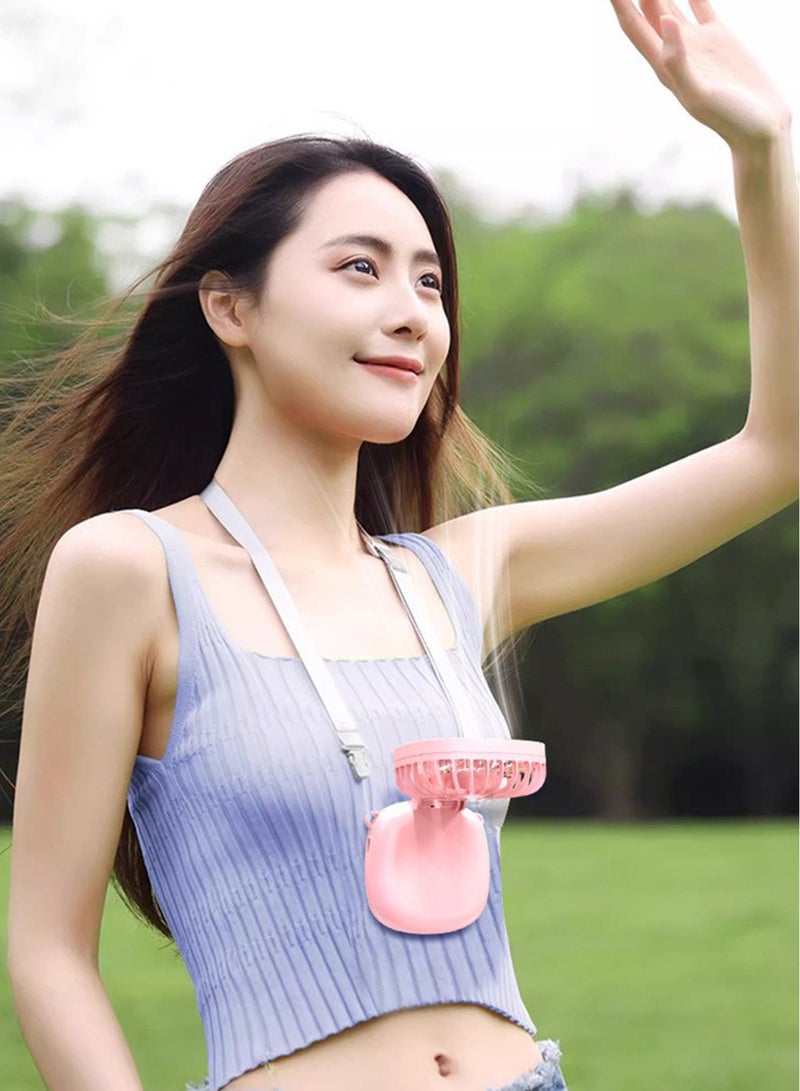 Portable 2-in-1 Foldable Handheld Fan with Mirror - Pink USB-Rechargeable Neck Strap Companion for Touch-Ups, Desktop Use & On-the-Go Cooling - Image 5
