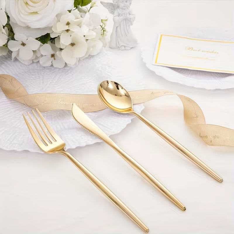 30 Pieces Golden Plastic Cutlery Set with Knives Forks Spoons for Dinner Parties Weddings - Image 4
