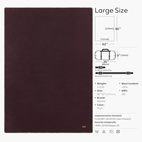 Molithe 100% Wool Blanket, 62" x 86", Warm, Thick, Washable, Military Wool Blanket, Great for Camping, Outdoors, Sporting Events, Survival Kits, Plum - Image 3