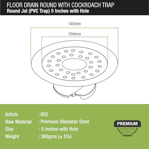 Lipka Stainless Steel Round Floor Drainer with Hole | Floor Drainer for Bathroom 5 Inches with Hole|PVC Anti Cockroach with Hole | Bathroom Floor Trap Jali | Bathroom Drain Jali with Hole - Image 2