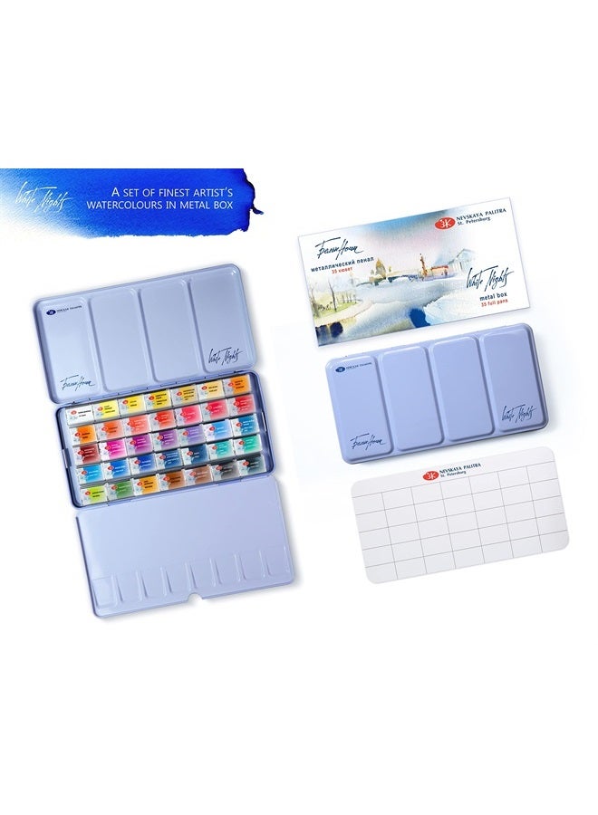 White Nights مجموعة ألوان مائية للفنانين من 2.5 مل، 35 لون في علبة معدنية من نيفسكايا باليترا، سانت بطرسبرغ، روسيا.