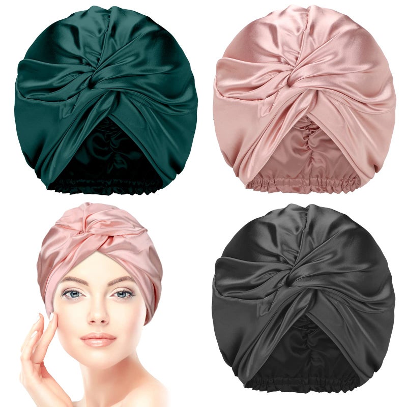 Vabean 3 Pieces Silk Hair Wrap for Sleeping Women Bonnet Silk Sleeping Bonnet Elastic Hair Care Sleep Cap for Natural Curly Hair (Black, Rose Gold, Green) - Image 1