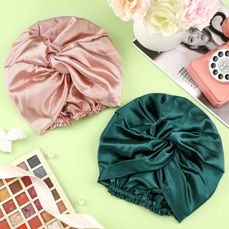 Vabean 3 Pieces Silk Hair Wrap for Sleeping Women Bonnet Silk Sleeping Bonnet Elastic Hair Care Sleep Cap for Natural Curly Hair (Black, Rose Gold, Green) - Image 5