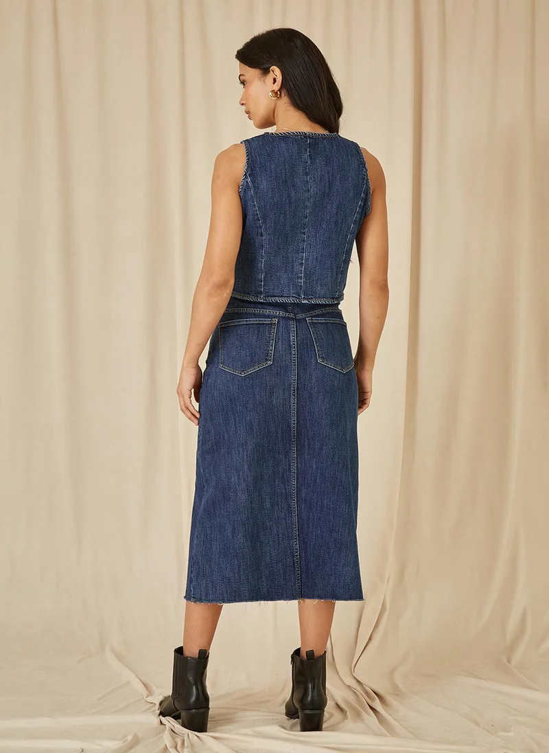 يامي Denim Stretch Fitted Midi Skirt With Front Split