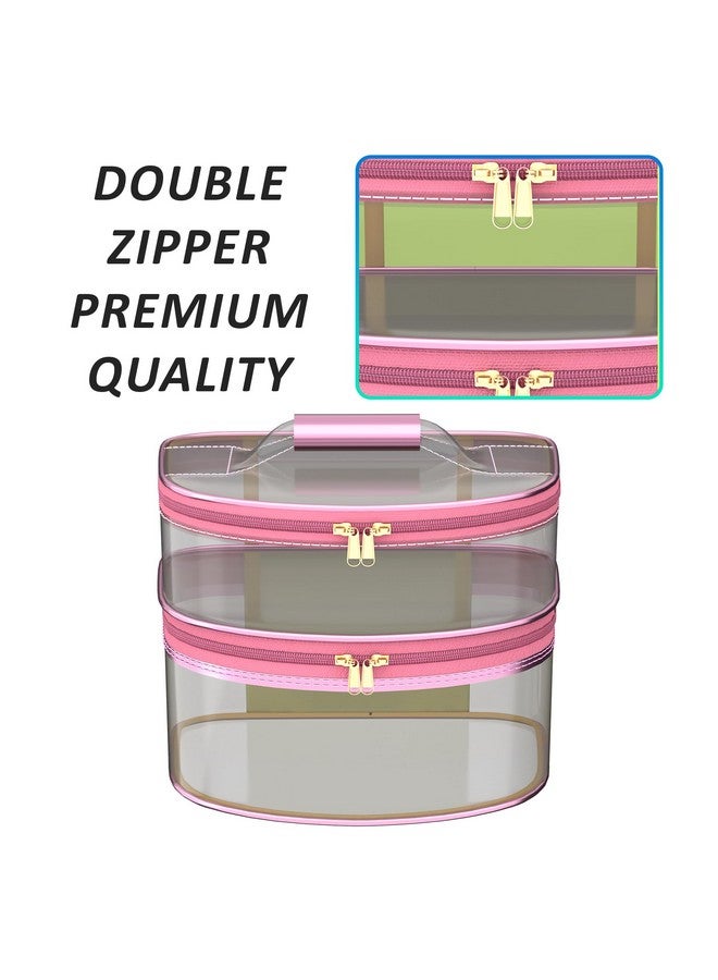 Kuber Industries Travel Storage Organizer | Dual Layer Cosmetic Bag With Handle | Transparent Jewellery Kit | Travel Makeup Pouch | Toiletries Storage Kit | D Shapedesign | Pink - Image 5