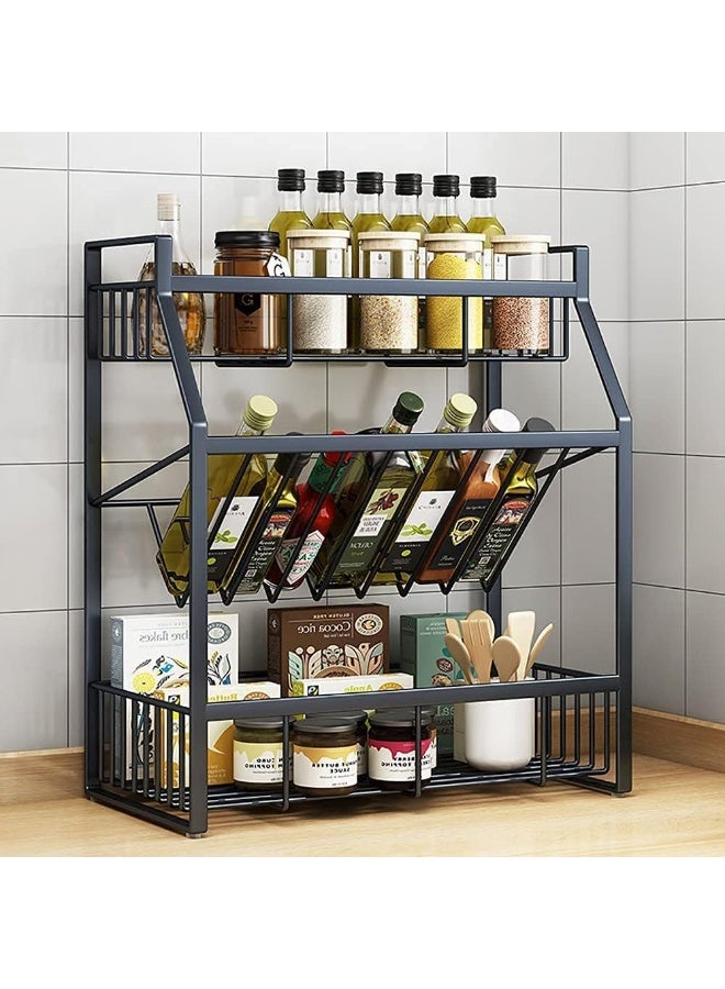 رف التوابل، منظم رفوف المطبخ ثلاثي الطبقات، رف تخزين للحمام، منظم رفوف المطبخ لتخزين سطح المكتب وعلب التوابل وبرطمانات الصلصة ورف منظم الزجاجات (أسود، G32) - Image 1