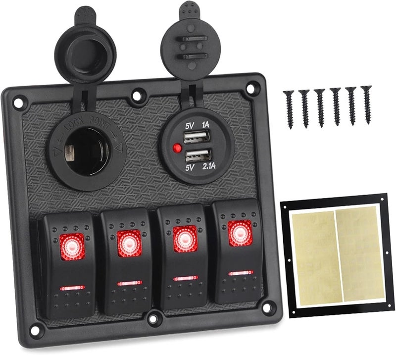 QASULER 12V 24V 4 Gang Toggle Switch Panel with USB Charger - Image 1