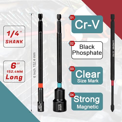 LLNDEI 23PCS Magnetic Nut Driver Set | Full Size 6-Inch Long Nut Driver Set | Metric 6-15mm, SAE 1/4"-9/16" | 1/4" Hex Shank | Long Power Bits, PH1, PH2, SL5, T20 | Cr-V Steel - Image 5