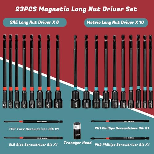 LLNDEI 23PCS Magnetic Nut Driver Set | Full Size 6-Inch Long Nut Driver Set | Metric 6-15mm, SAE 1/4"-9/16" | 1/4" Hex Shank | Long Power Bits, PH1, PH2, SL5, T20 | Cr-V Steel - Image 2
