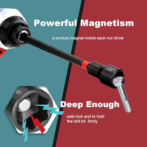 LLNDEI 23PCS Magnetic Nut Driver Set | Full Size 6-Inch Long Nut Driver Set | Metric 6-15mm, SAE 1/4"-9/16" | 1/4" Hex Shank | Long Power Bits, PH1, PH2, SL5, T20 | Cr-V Steel - Image 4