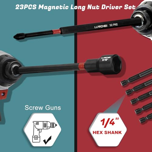 LLNDEI 23PCS Magnetic Nut Driver Set | Full Size 6-Inch Long Nut Driver Set | Metric 6-15mm, SAE 1/4"-9/16" | 1/4" Hex Shank | Long Power Bits, PH1, PH2, SL5, T20 | Cr-V Steel - Image 3