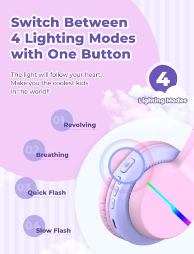 iClever BTH12 Kids Bluetooth Headphones,Colorful LED Lights,74/85dBA Safe Volume,85H Playtime,Bluetooth 5.2,Over Ear Headphones Built-in Mic for iPad/Tablet/Airplane,Blossom Pink - Image 2
