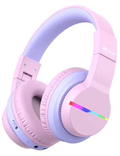 iClever BTH12 Kids Bluetooth Headphones,Colorful LED Lights,74/85dBA Safe Volume,85H Playtime,Bluetooth 5.2,Over Ear Headphones Built-in Mic for iPad/Tablet/Airplane,Blossom Pink - Image 1