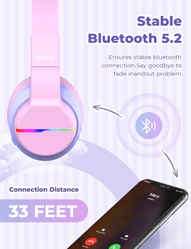 iClever BTH12 Kids Bluetooth Headphones,Colorful LED Lights,74/85dBA Safe Volume,85H Playtime,Bluetooth 5.2,Over Ear Headphones Built-in Mic for iPad/Tablet/Airplane,Blossom Pink - Image 5