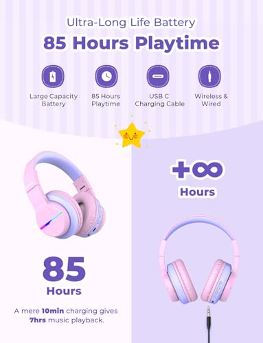 iClever BTH12 Kids Bluetooth Headphones,Colorful LED Lights,74/85dBA Safe Volume,85H Playtime,Bluetooth 5.2,Over Ear Headphones Built-in Mic for iPad/Tablet/Airplane,Blossom Pink - Image 4