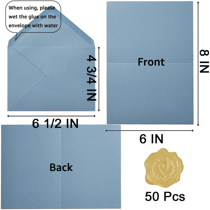 Toperd 50 Pack Dusty Blue A6 Envelopes with Cards 4x6 Thick Folded Cardstock and Gold Stickers for Greeting Cards, Wedding, Birthday, Invitations, Baby Showers (Dusty Blue, 4x6) - Image 2