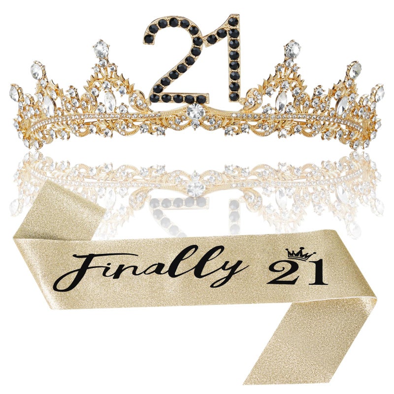 Uiorgui 21st Birthday Crown and Sash for Women, 21 Tiara, Black Gold 21st Birthday Decorations for Her 21 Year Old Gifts Party Favors for Girls - Image 1