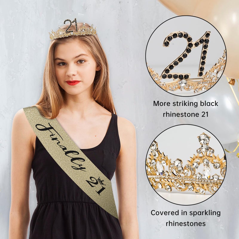 Uiorgui 21st Birthday Crown and Sash for Women, 21 Tiara, Black Gold 21st Birthday Decorations for Her 21 Year Old Gifts Party Favors for Girls - Image 3
