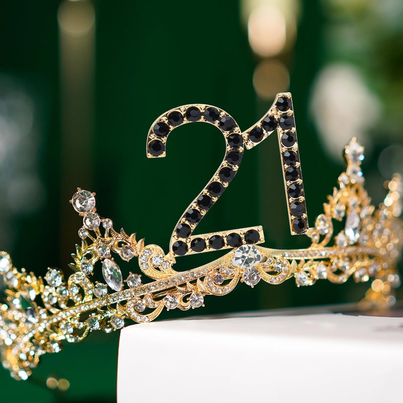 Uiorgui 21st Birthday Crown and Sash for Women, 21 Tiara, Black Gold 21st Birthday Decorations for Her 21 Year Old Gifts Party Favors for Girls - Image 4