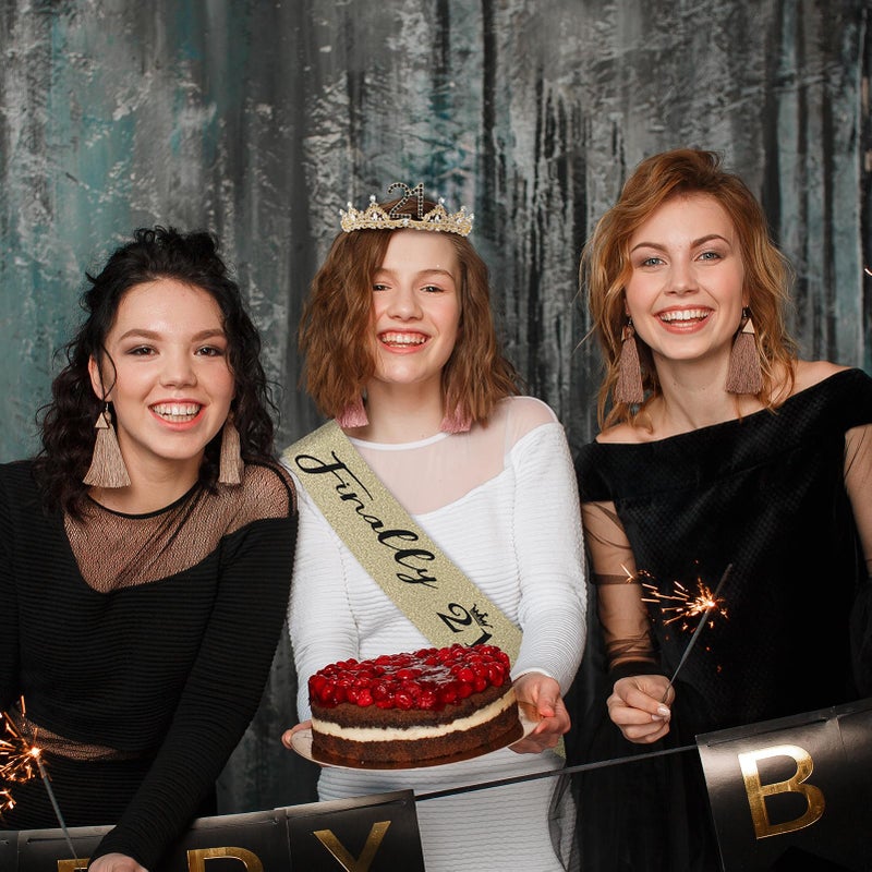 Uiorgui 21st Birthday Crown and Sash for Women, 21 Tiara, Black Gold 21st Birthday Decorations for Her 21 Year Old Gifts Party Favors for Girls - Image 5