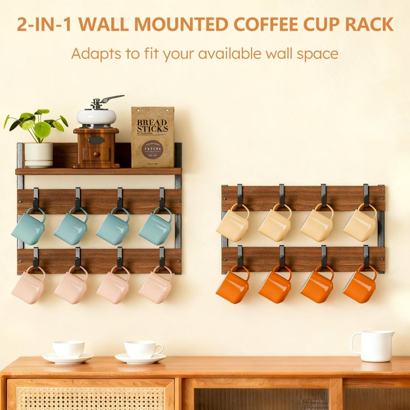 Dhmkfly 2-in-1 Coffee Mug Holder Wall Mount, 4-Tier Coffee Mug Rack Wall Mounted with 16 Adjustable Hooks and Storage Shelf, Wooden Cup Hanger Organizer for Home Kitchen Display and Collection - Image 2