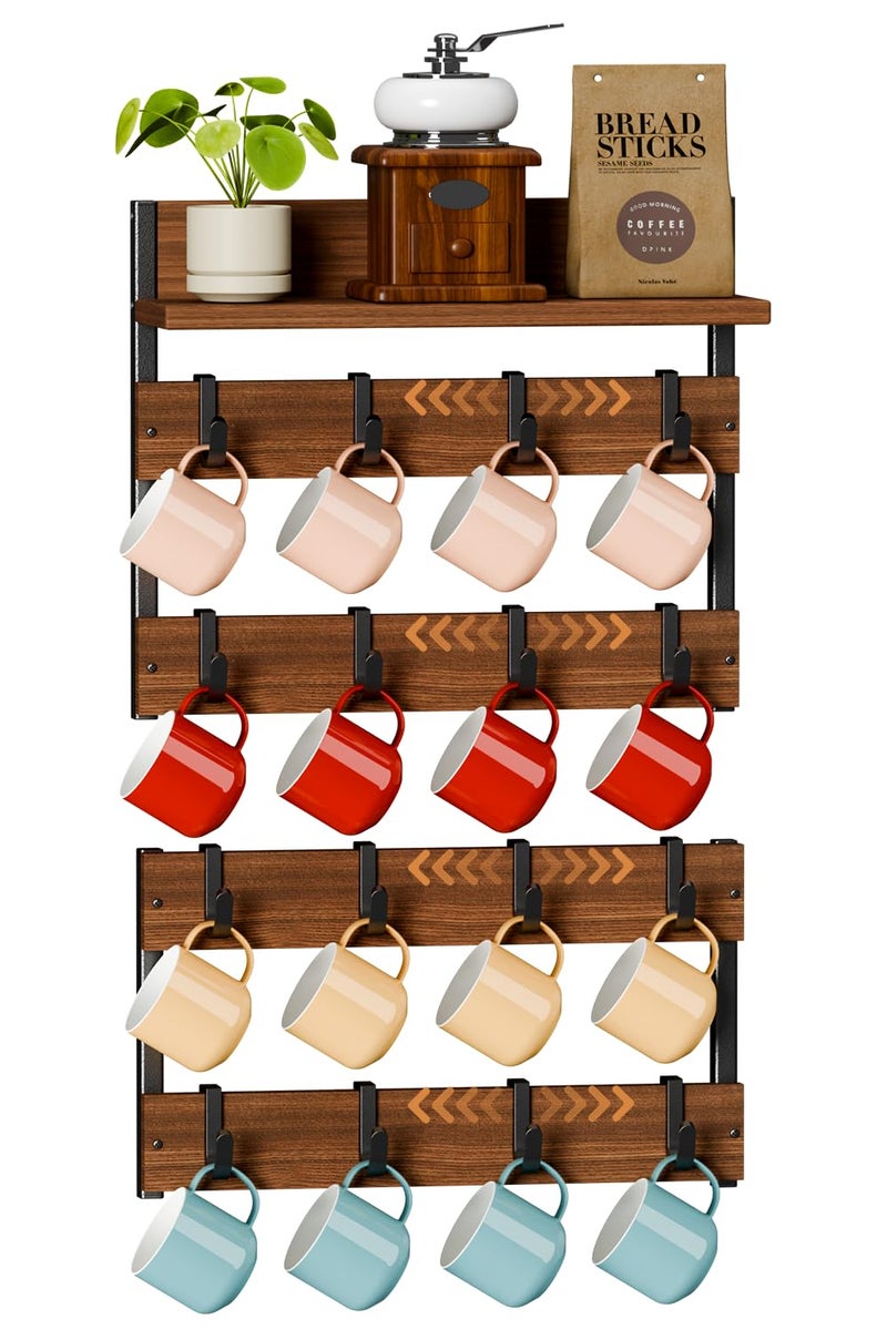 Dhmkfly 2-in-1 Coffee Mug Holder Wall Mount, 4-Tier Coffee Mug Rack Wall Mounted with 16 Adjustable Hooks and Storage Shelf, Wooden Cup Hanger Organizer for Home Kitchen Display and Collection - Image 1