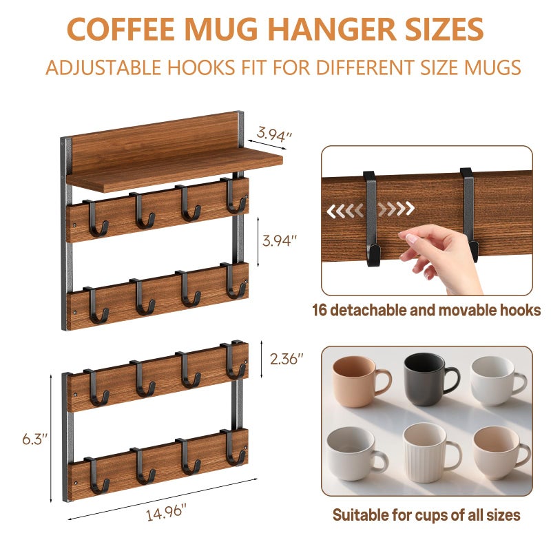 Dhmkfly 2-in-1 Coffee Mug Holder Wall Mount, 4-Tier Coffee Mug Rack Wall Mounted with 16 Adjustable Hooks and Storage Shelf, Wooden Cup Hanger Organizer for Home Kitchen Display and Collection - Image 3