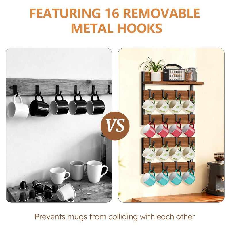Dhmkfly 2-in-1 Coffee Mug Holder Wall Mount, 4-Tier Coffee Mug Rack Wall Mounted with 16 Adjustable Hooks and Storage Shelf, Wooden Cup Hanger Organizer for Home Kitchen Display and Collection - Image 5