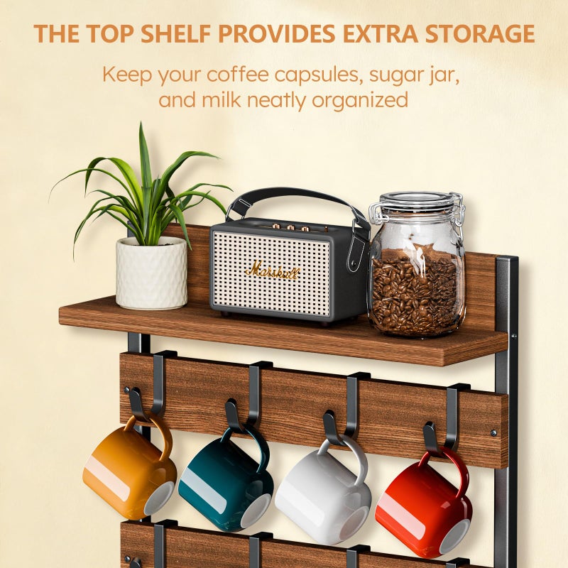 Dhmkfly 2-in-1 Coffee Mug Holder Wall Mount, 4-Tier Coffee Mug Rack Wall Mounted with 16 Adjustable Hooks and Storage Shelf, Wooden Cup Hanger Organizer for Home Kitchen Display and Collection - Image 4