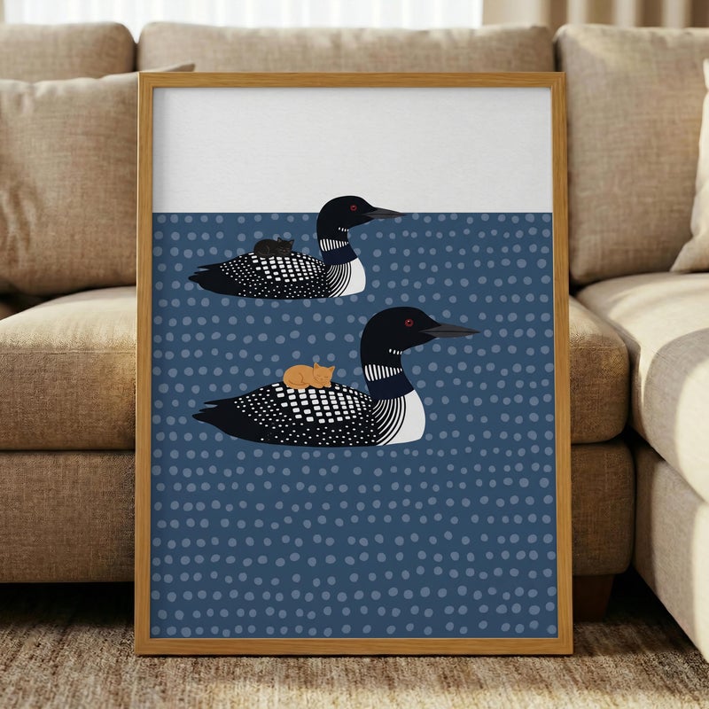 TNESSENTIAL Loon And Cat Print – Minimalist Lake Decor, Funny Animal Poster, Scandi Water Art, Whimsical Bird Print, Cabin Wall Art, Quirky Feline - Image 1